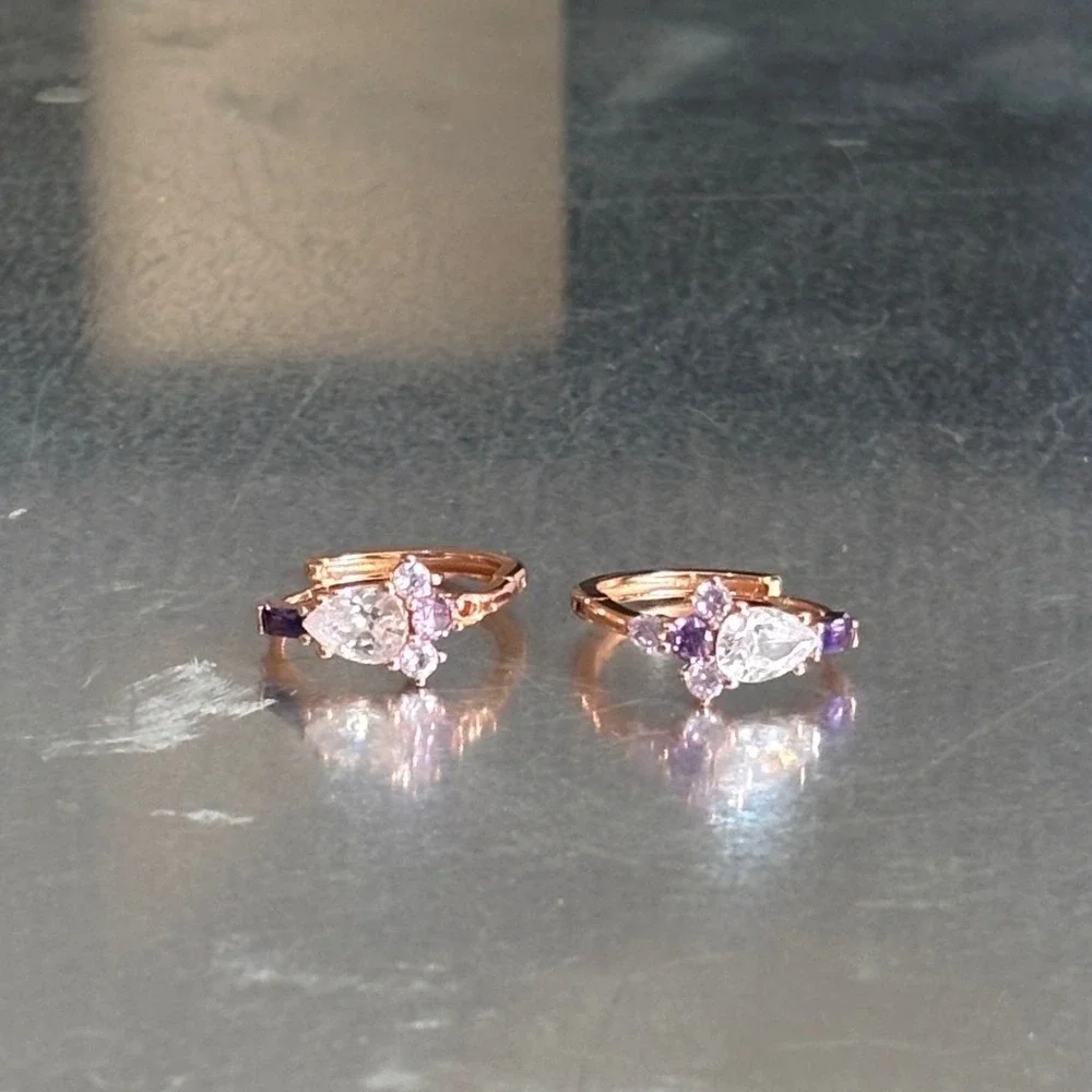 Purple Pink Amethyst White Zircon Earrings 925 Sterling‎ Silver Huggies Hoop
